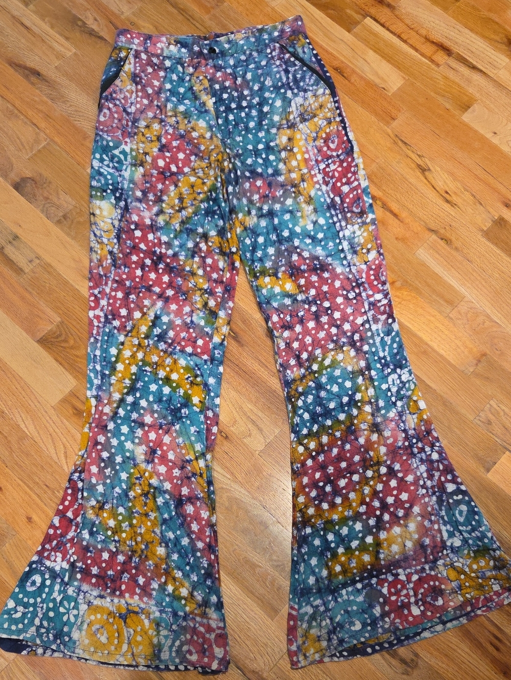 Vintage 60s-70s Batik Print Flare Pants Boho Hippie Wide Leg Linen Feel